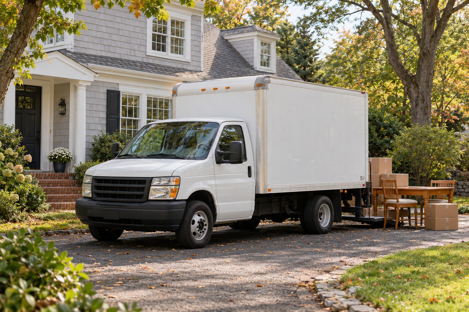 AI-created residential scene with an unbranded small white box truck, table, chairs and boxes