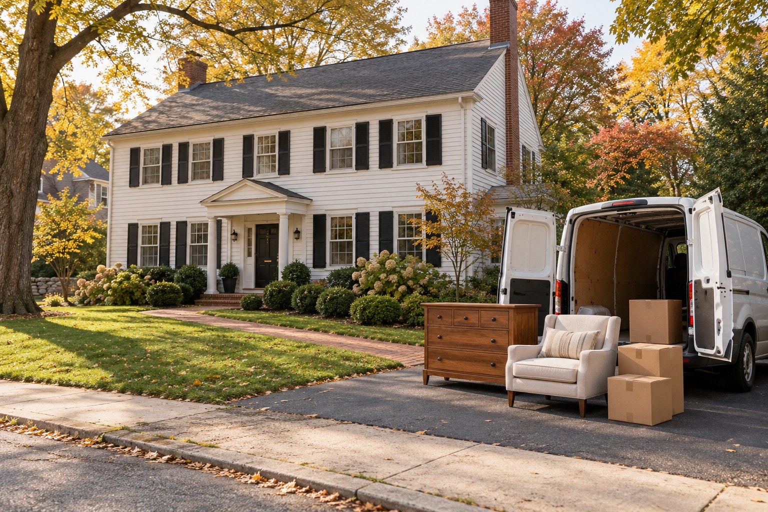 AI-created scene of a New England-style home, unbranded white cargo van and furniture ready for pickup