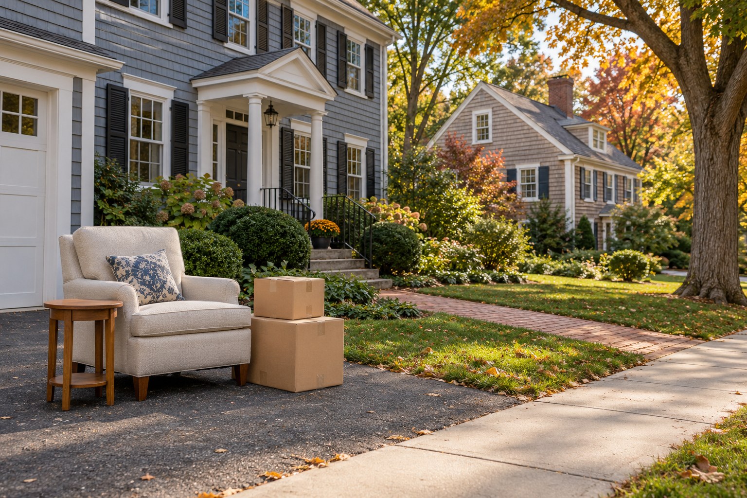 AI-created New England residential scene with a chair, side table and boxes on a driveway
